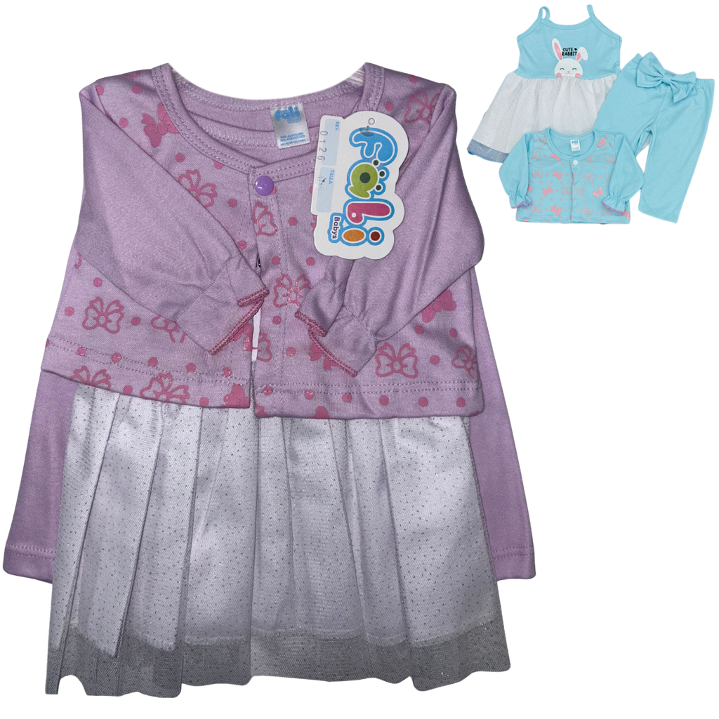 R0126 Conjunto x3 Piezas Vestido Lazos Lila