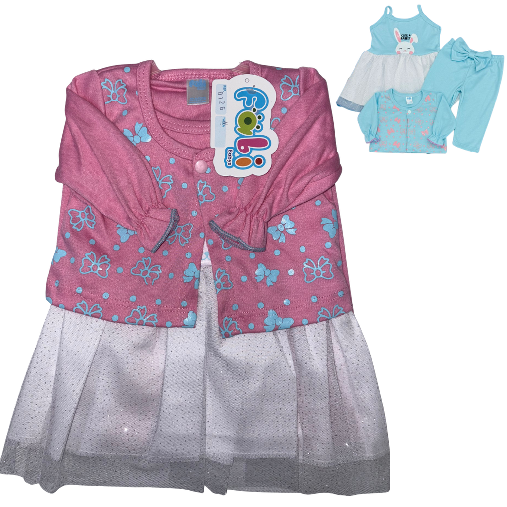 R0126 Conjunto x3 Piezas Vestido Lazos Rosado Oscuro