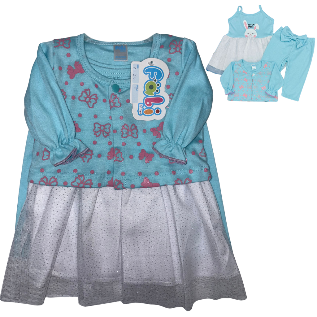 R0126 Conjunto x3 Piezas Vestido Lazos Azul