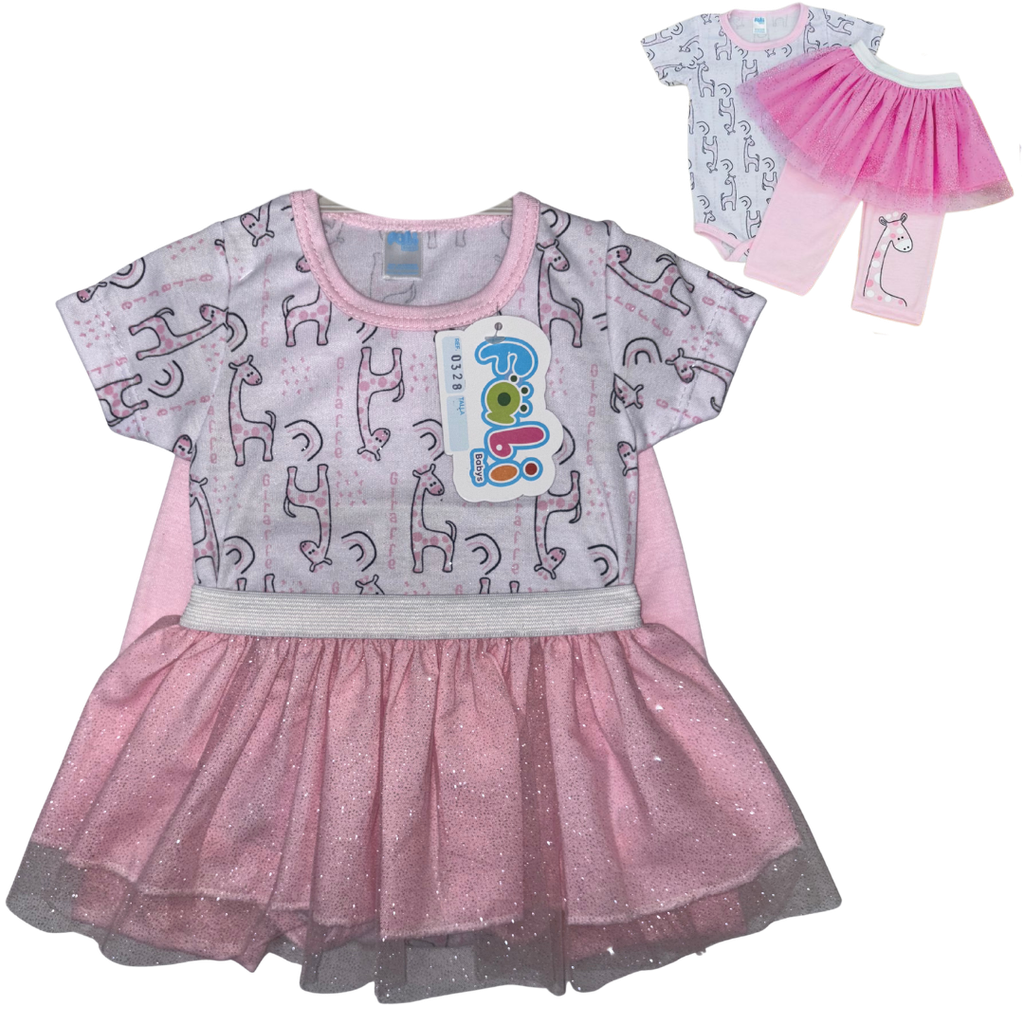 R0328 Conjunto x3 Piezas Vestido Jirafa Rosado