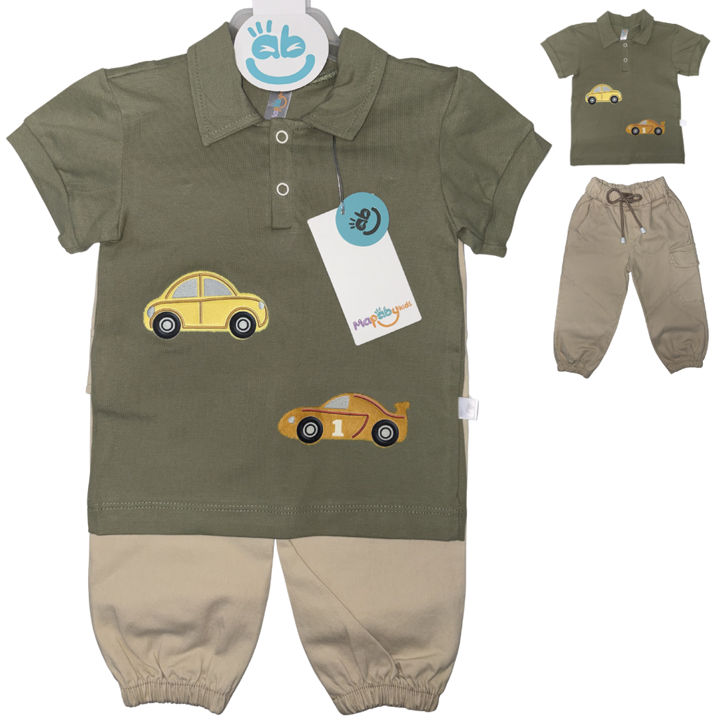 [4819] R8012 Conjunto Polo Jogger Niño Carros (Línea Premium) Verde Talla: 12-18