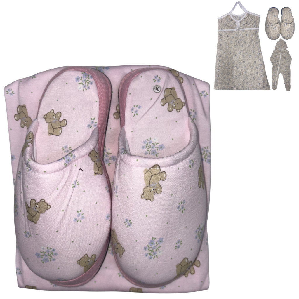 RDN Pijama Mamá y Bebé + Pantuflas Oso Rosado Talla: XL/40