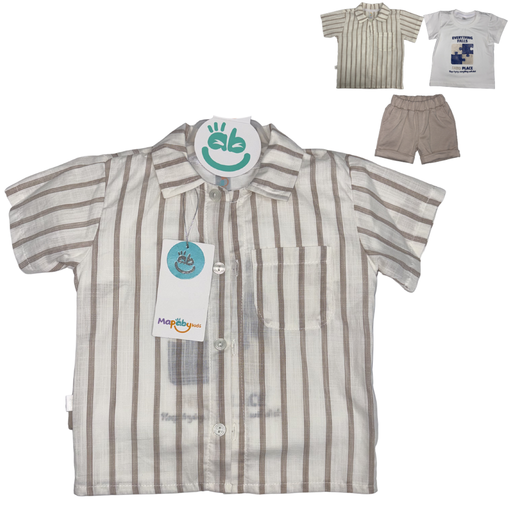 [5298] R8045 Trio Bermuda Rayas Fichas (Línea Premium) Niño Beige Talla: 6-9