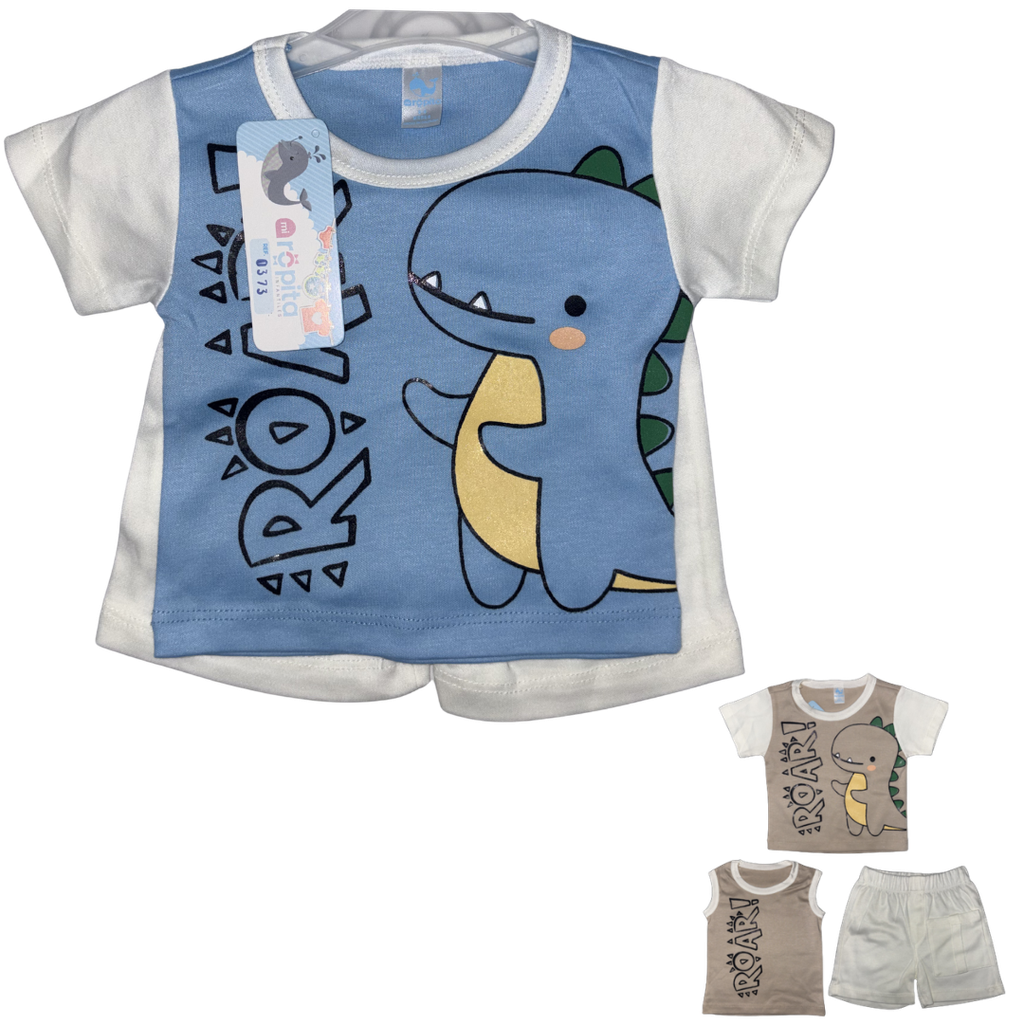 R0373 Conjunto x3 Piezas Dino Azul Niño Talla: 0-6