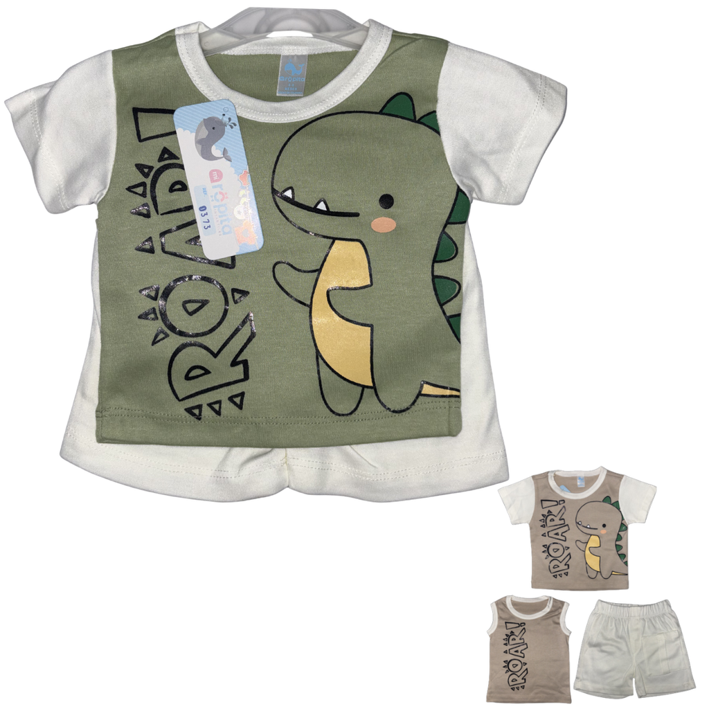 R0373 Conjunto x3 Piezas Dino Verde Niño Talla: 0-6