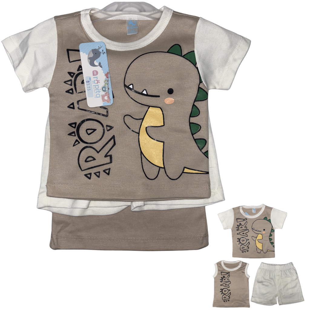 R0373 Conjunto x3 Piezas Dino Beige Niño Talla: 6-12