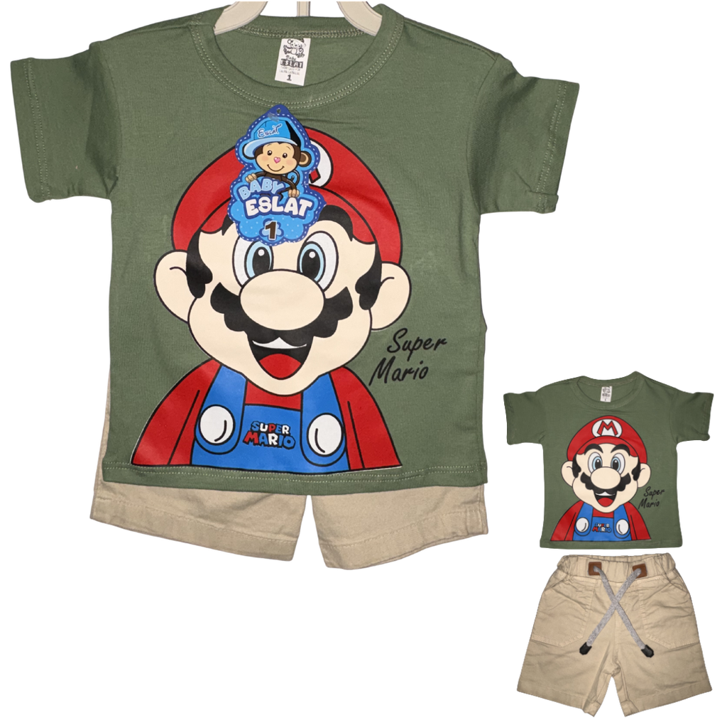 [5368] RM090 Conjunto Bermuda x2 Piezas Mario Niño Colores Sutidos Talla: 1