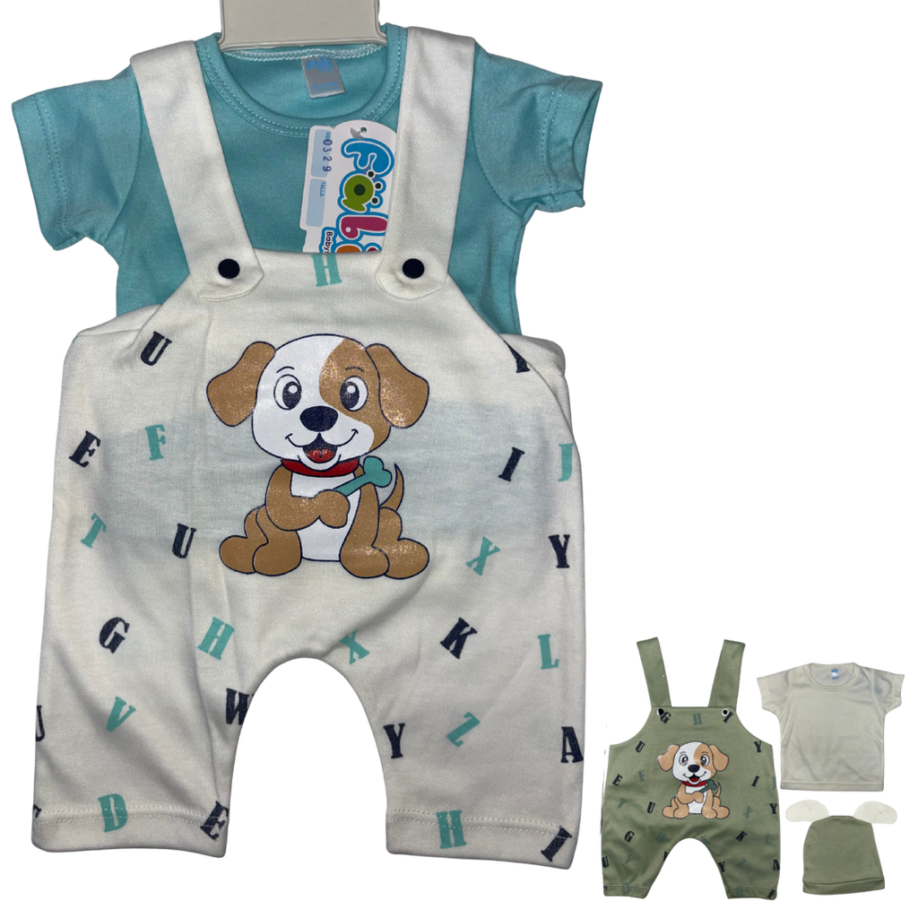 R0329 Conjunto x3 Piezas Eco Perro Aguamarina/Beige