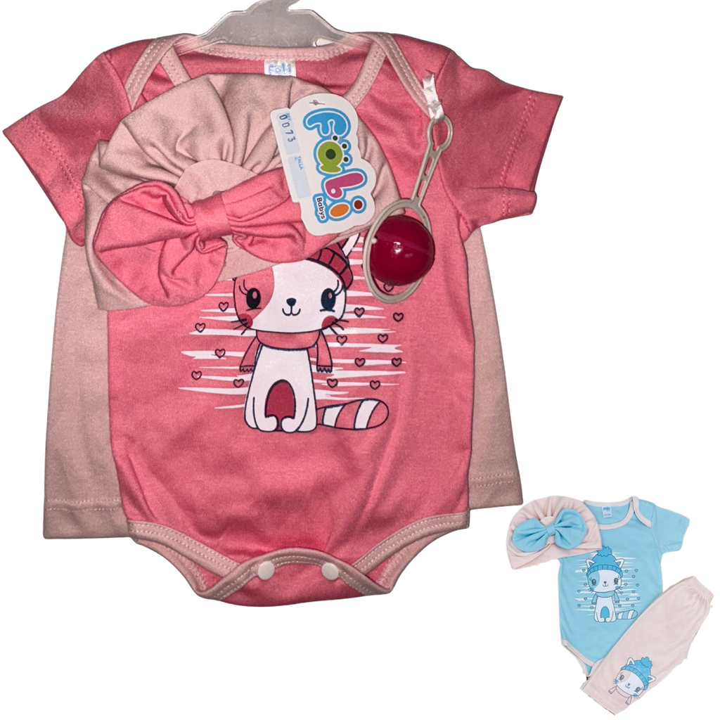[2030] R0073 Conjunto con Turbante x3 Piezas Sonajero Gato Palo de Rosa/Salmon