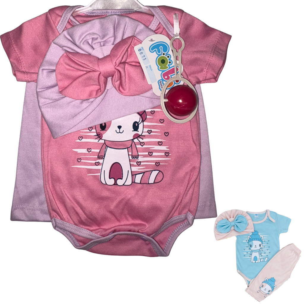 R0073 Conjunto con Turbante x3 Piezas Sonajero Gato Lila/Rosado