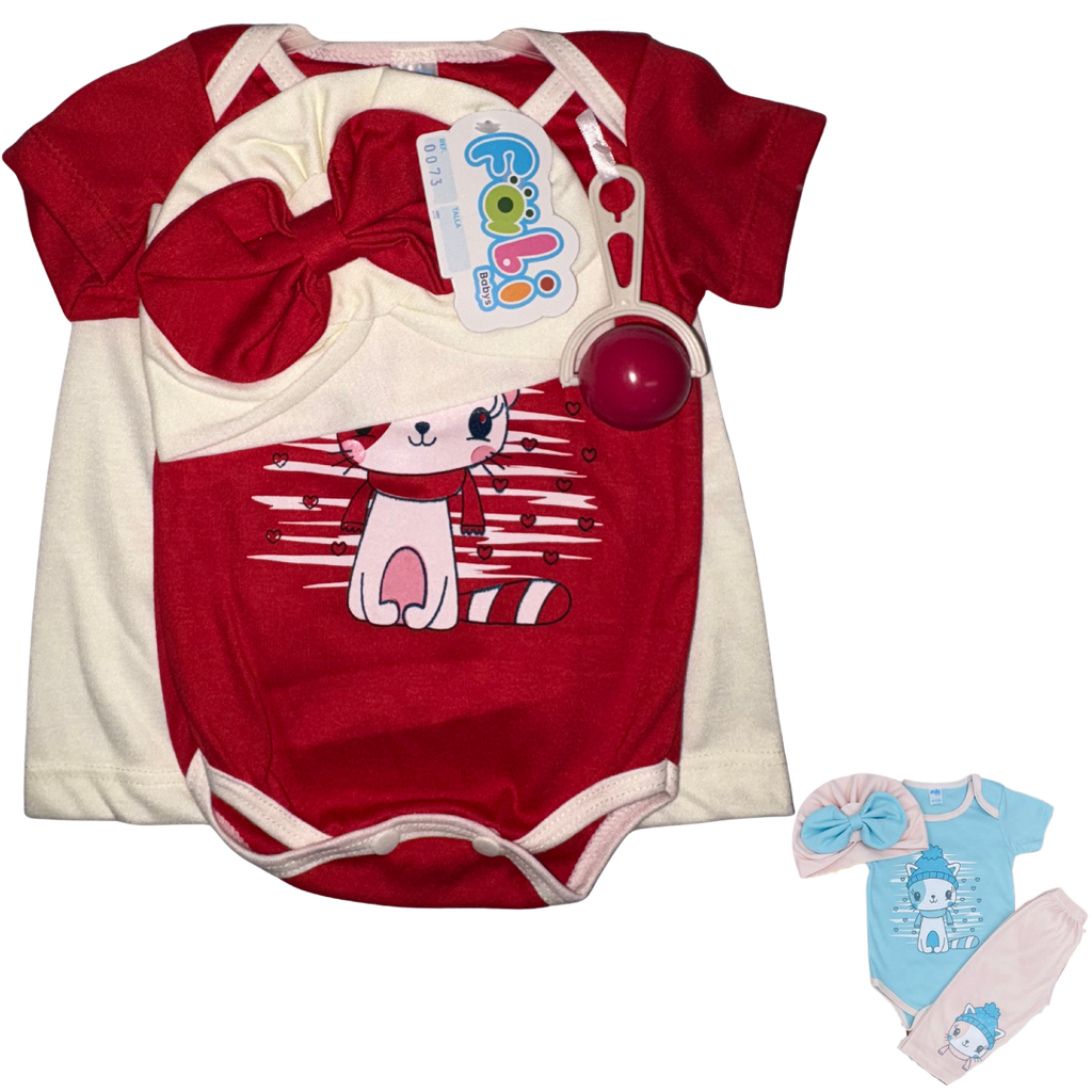 R0073 Conjunto con Turbante x3 Piezas Sonajero Gato Beige/Rojo