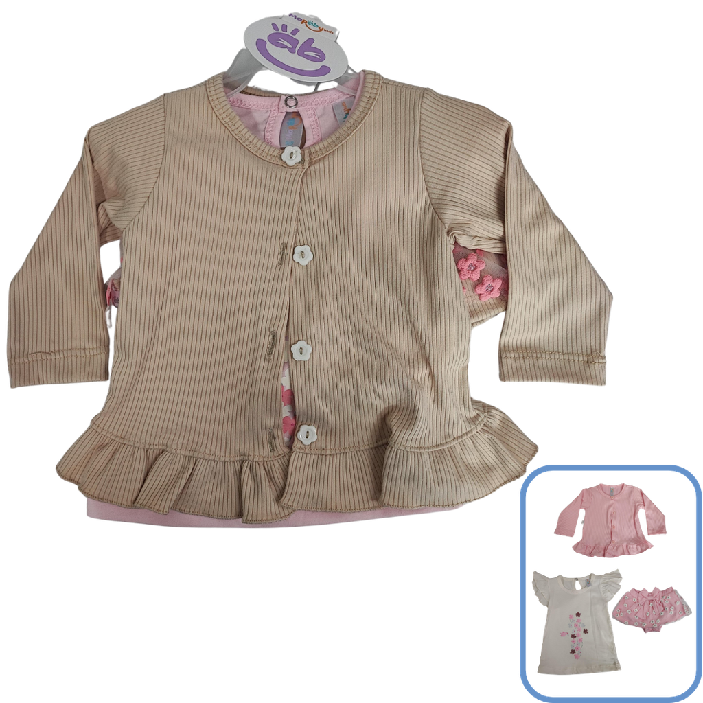 R7081 Conjunto Jardinera Floral (Línea Premium) Beige Talla:18-24