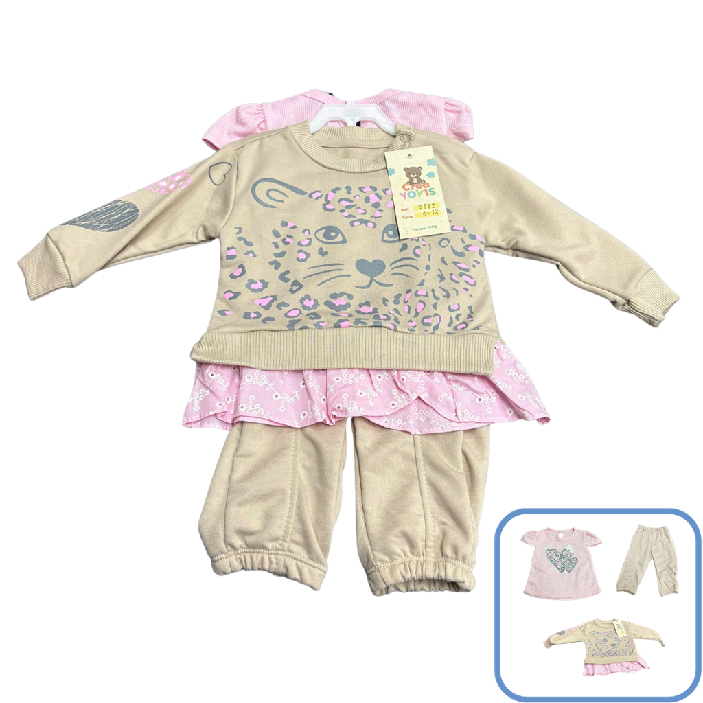 R9592 Conjunto Tigresa x3 Piezas Beige-Rosado Talla: 12-18