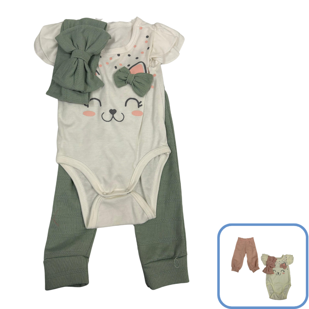 R1901 Conjunto Gatita x3 Piezas Verde Talla: 3-6