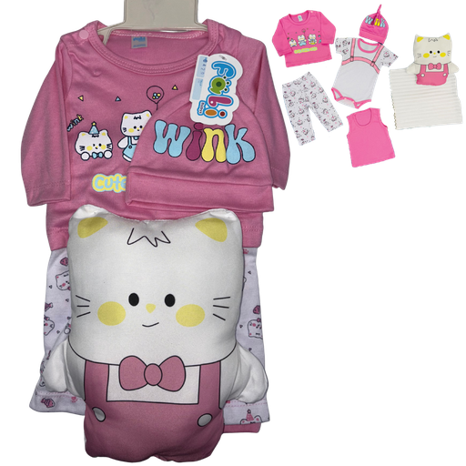 [4222] R0429 Conjunto x7 Piezas Almohada Gato Cobija Rosado