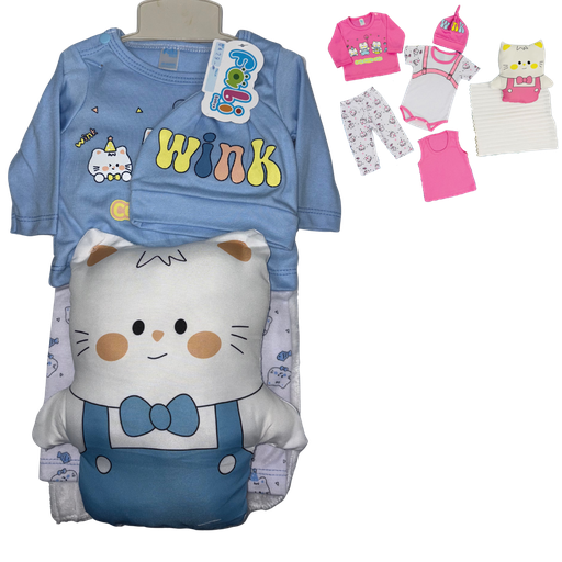 [4226] R0429 Conjunto x7 Piezas Almohada Gato Cobija Azul