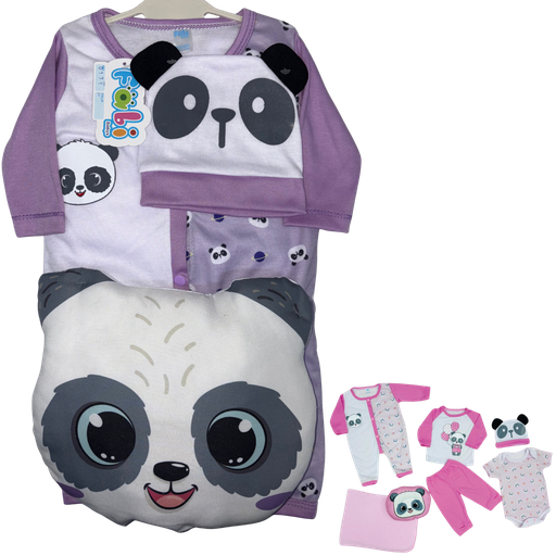 [4230] R0171 Conjunto x7 Piezas Almohada Panda Cobija Lila