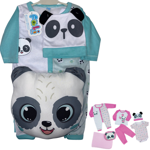 [4232] R0171 Conjunto x7 Piezas Almohada Panda Cobija Aguamarina