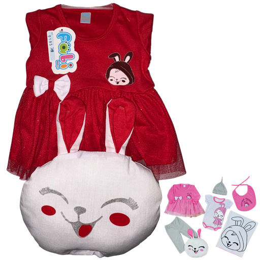 [4260] R0185 Conjunto x7 Piezas Almohada Conejo Cobija Rojo