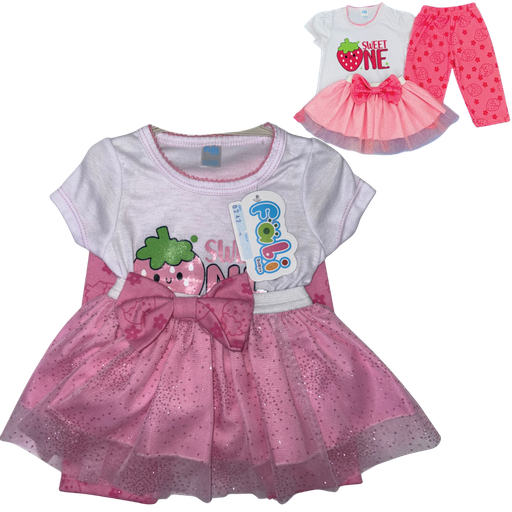 [4345] R0242 Conjunto x3 Piezas Vestido Fresa Rosado