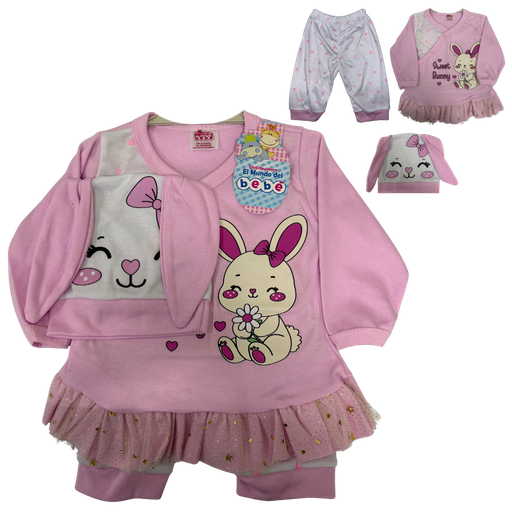 [4658] R-ecu Conjunto Primer Dia Coneja Rosado Talla: Unica Niña