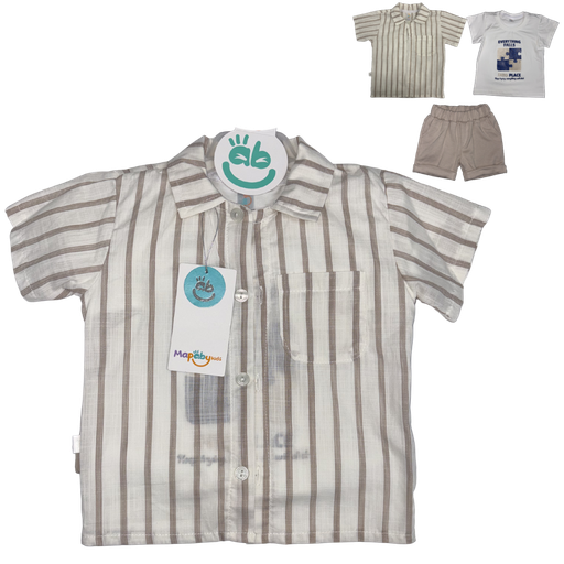 [5300] R8045 Trio Bermuda Rayas Fichas (Línea Premium) Niño Beige Talla: 12-18