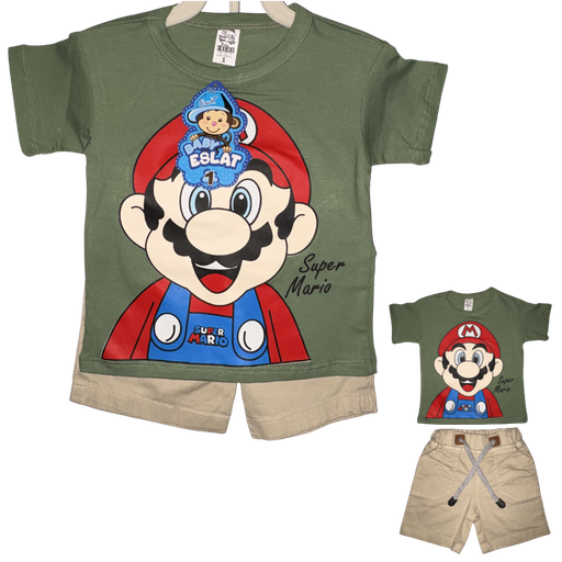 [5367] RM090 Conjunto Bermuda x2 Piezas Mario Niño Colores Sutidos Talla: 2