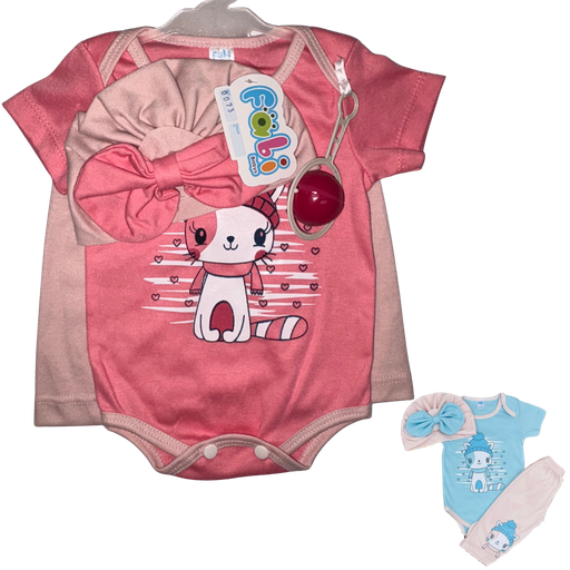 [2030] R0073 Conjunto con Turbante x3 Piezas Sonajero Gato Palo de Rosa/Salmon