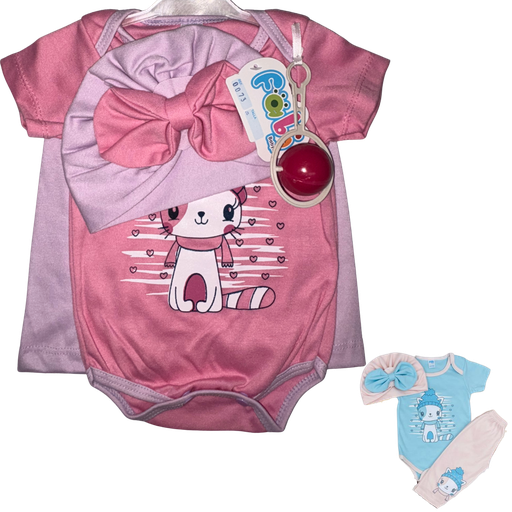 [2031] R0073 Conjunto con Turbante x3 Piezas Sonajero Gato Lila/Rosado