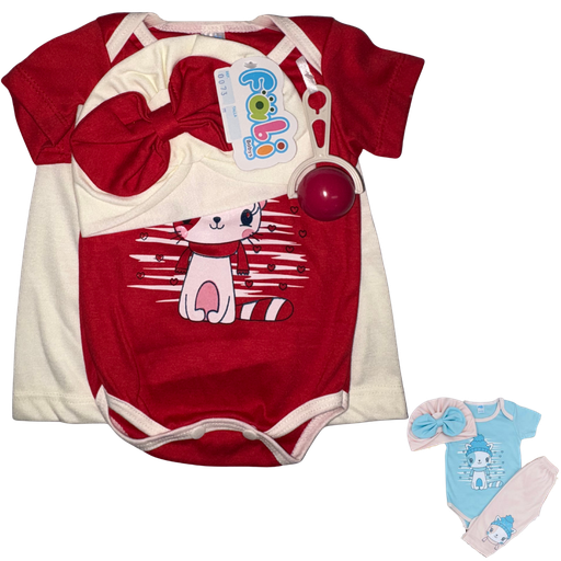 [2033] R0073 Conjunto con Turbante x3 Piezas Sonajero Gato Beige/Rojo