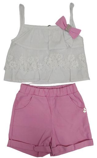 [2703] R6200 Conjunto Blusa Encaje y Short Rosado Talla: 9-12