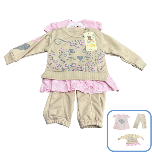 [3646] R9592 Conjunto Tigresa x3 Piezas Beige-Rosado Talla: 12-18