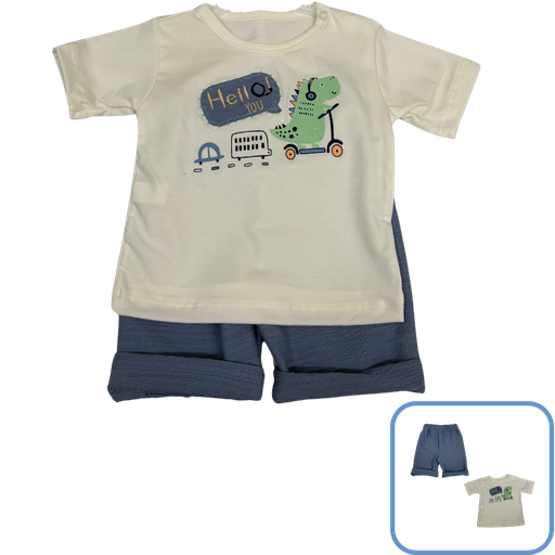 [3684] R9447 Conjunto Dino x2 Piezas Blanco-Azul Talla: 9-12
